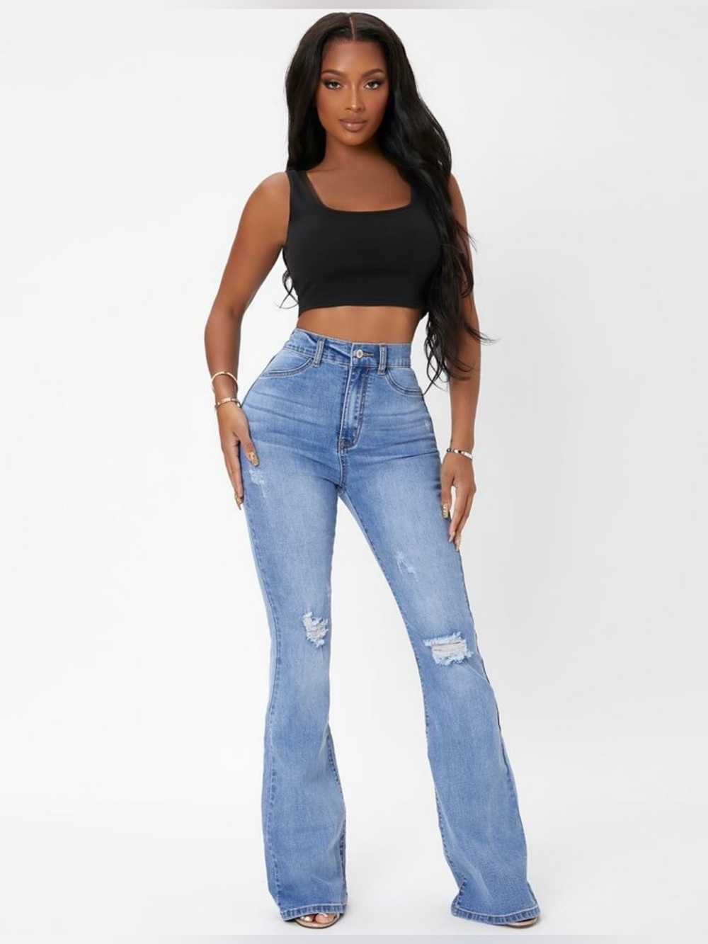 Size 30 Light Blue Distressed High-Rise Flare Jeans